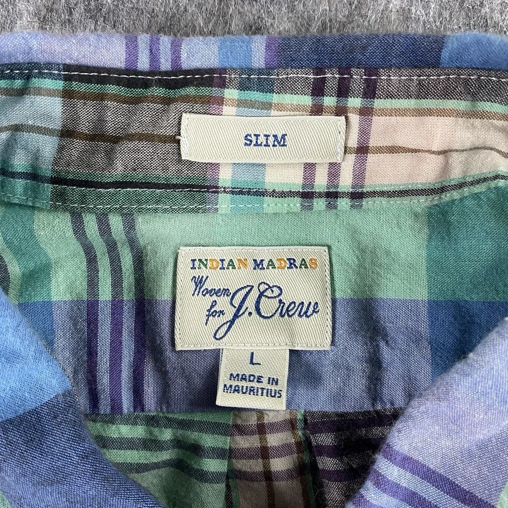 J Crew Indian Madras Plaid Shirt Men's Large Slim Blue Preppy Summer Long Sleeve